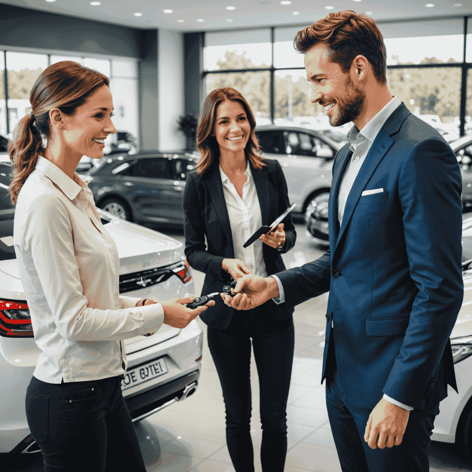 Een moderne showroom met glanzende nieuwe auto's en een tevreden klant die de sleutels van zijn nieuwe auto ontvangt na een succesvolle inruil