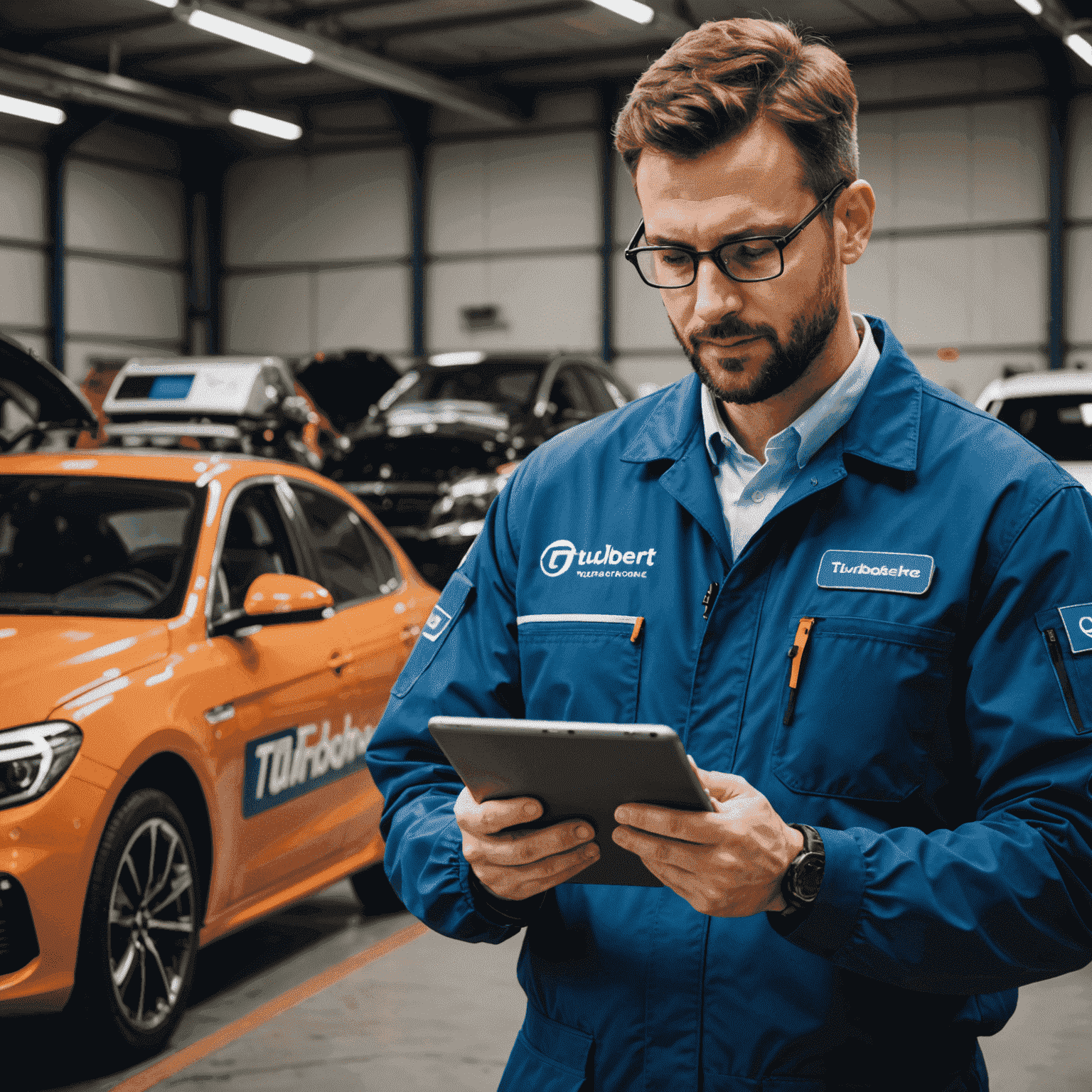 Een TurboSphere expert die een auto inspecteert, met een tablet in de hand voor het noteren van gegevens. De expert draagt een professioneel uniform met het TurboSphere logo.