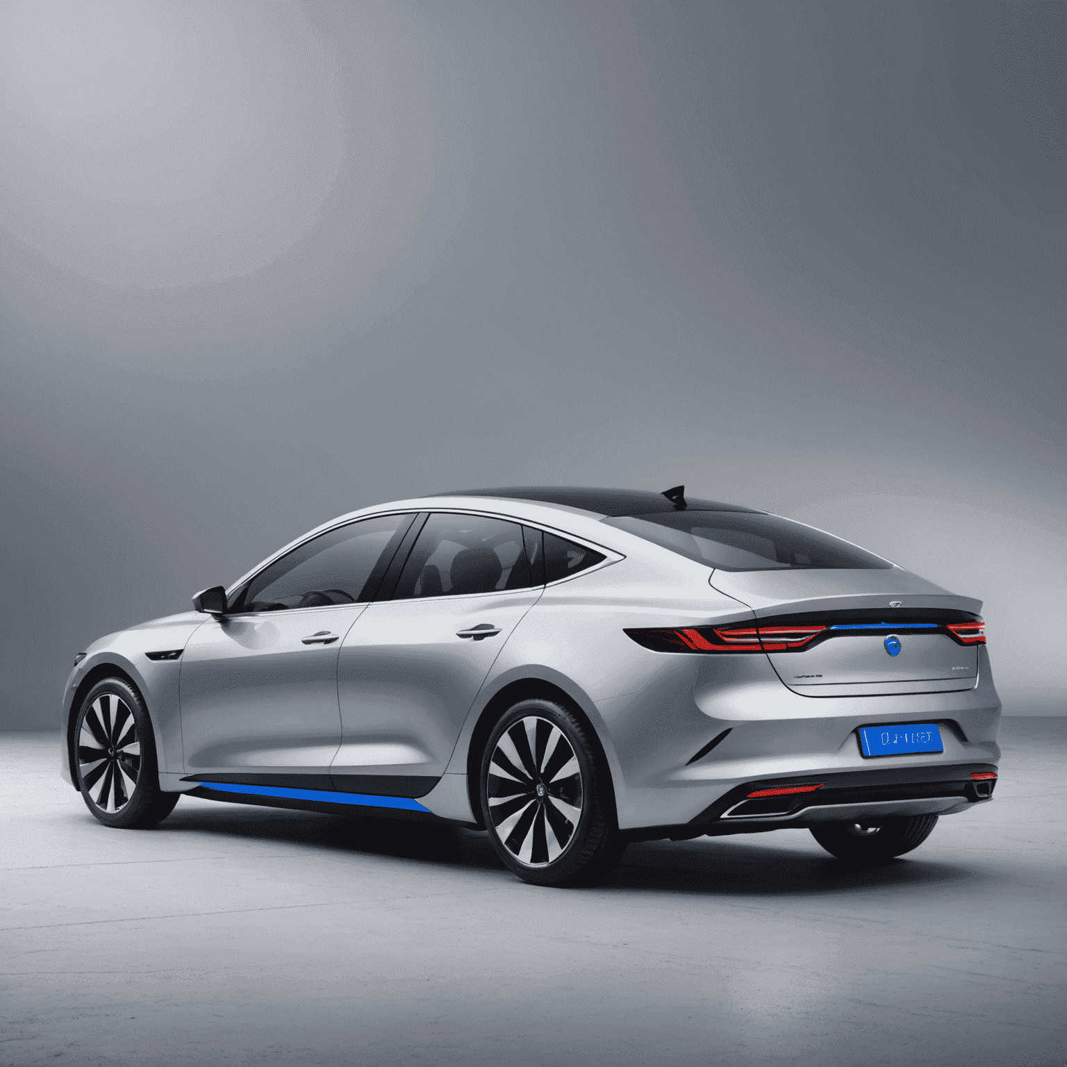 Een moderne elektrische sedan in zilverkleur, aerodynamisch ontwerp met blauwe accenten die de elektrische aard benadrukken