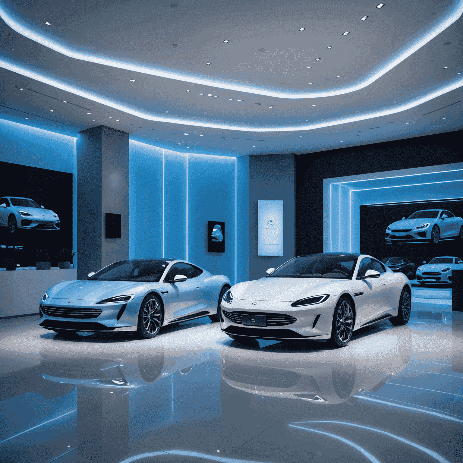 Een moderne, strakke showroom met verschillende luxe auto's en een financieel adviseur die met een klant praat over financieringsopties. De ruimte is verlicht met subtiel blauw licht, wat de high-tech sfeer benadrukt.