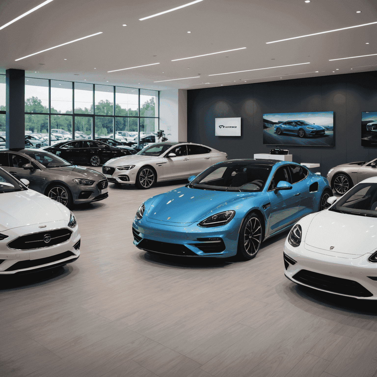 Een showroom met moderne auto's, waar een TurboSphere adviseur opties bespreekt met een klant