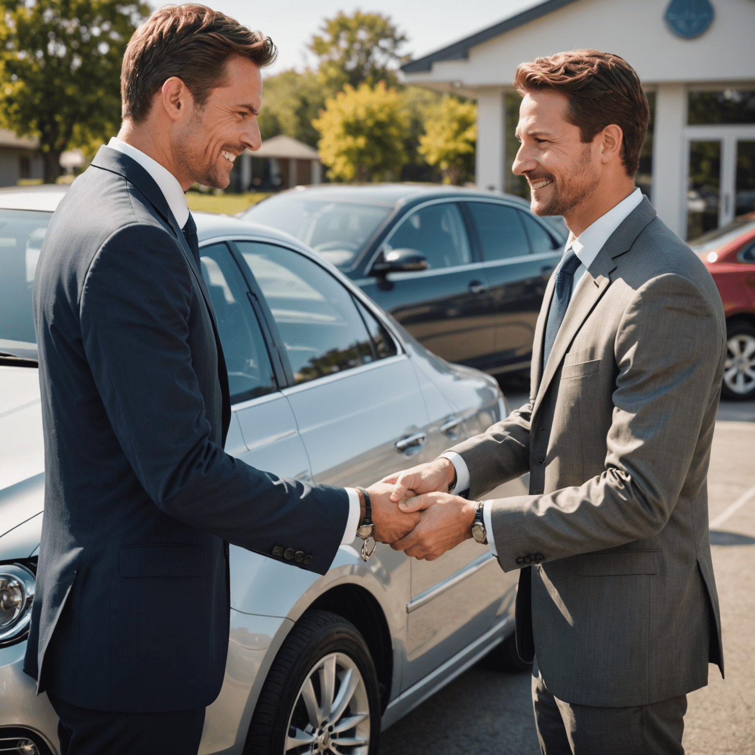 Een tevreden klant die de sleutels van zijn oude auto overhandigt aan een TurboSphere medewerker, terwijl op de achtergrond een glanzende nieuwe auto zichtbaar is. De scène straalt professionaliteit en tevredenheid uit.