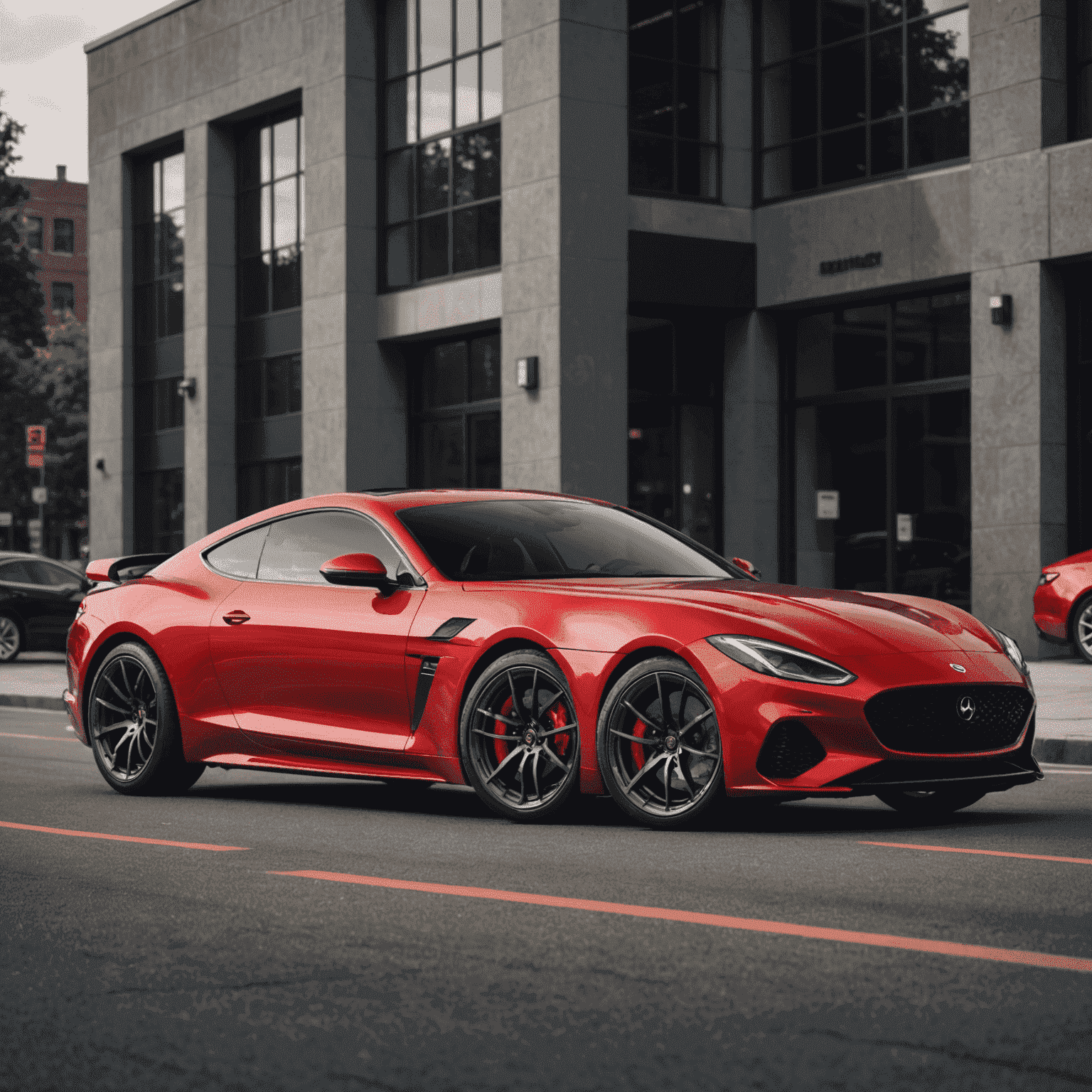 Een slanke, rode sportcoupé met agressieve lijnen, lage profiel en grote lichtmetalen velgen, straalt snelheid en luxe uit