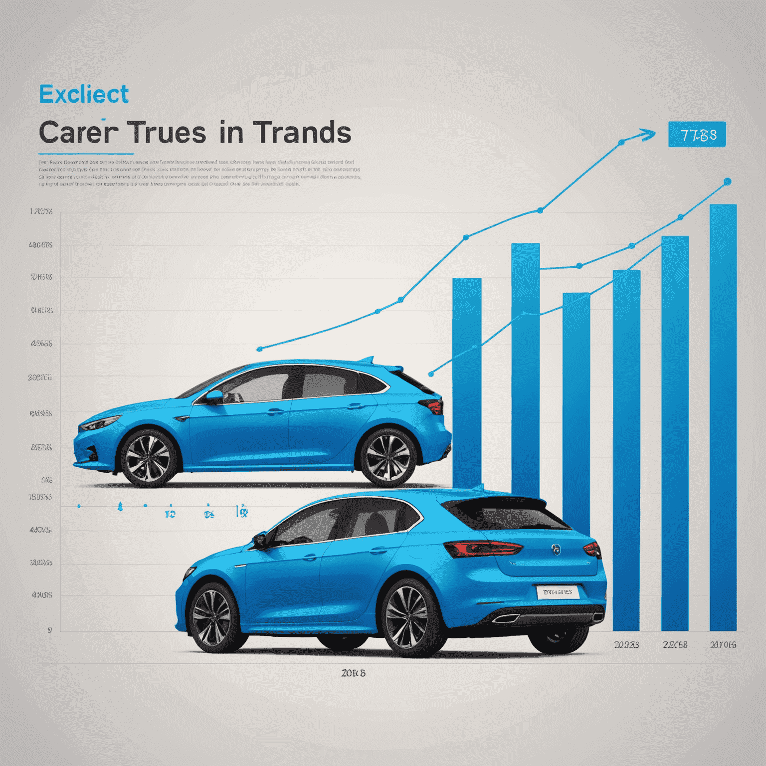 Een grafiek die stijgende trends in auto inruilwaarden laat zien, met elektrisch blauwe lijnen en iconen van auto's