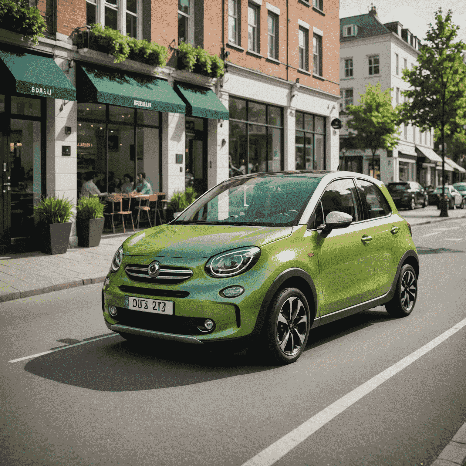 Een kleine, wendbare stadsauto in fris groen, perfect voor parkeren in krappe ruimtes, met een modern en jeugdig design